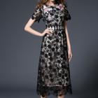 Crochet Lace Short-sleeve Midi A-line Dress