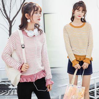 Striped Ruffle Hem Long-sleeve Knit Top