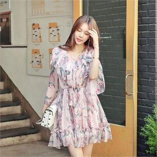 Gathered-waist Frill-trim Floral Chiffon Mini Dress