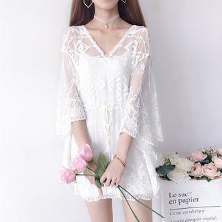 3/4-sleeve Tie Waist Lace Top