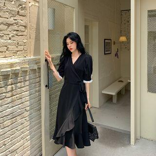 V-neck Short-sleeve Ruffle Hem Midi A-line Dress Black - One Size