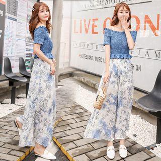 Set: Off-shoulder Smocked Top + Floral Print Wide-leg Pants