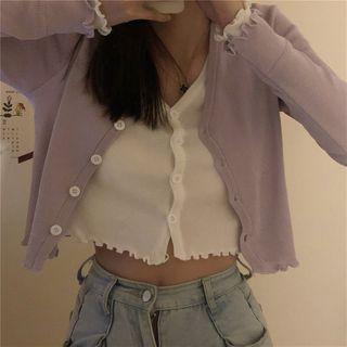 Mock Two-piece Lettuce Edge Cropped Knit Cardigan
