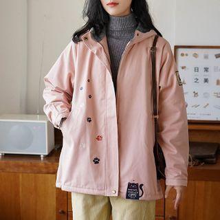 Cat Embroidered Fleece-lined Hooded Zip Jacket