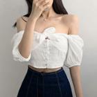 Puff-sleeve Tie-front Buttoned Crop Top