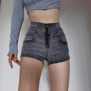 High-waist Washed Denim Skinny Shorts