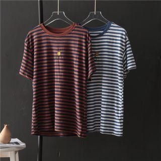Short-sleeve Striped Smiley Face Embroidered T-shirt