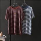 Short-sleeve Striped Smiley Face Embroidered T-shirt