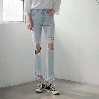 Cutout-distressed Fringed Jeans