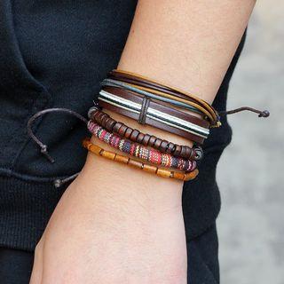 Set Of 5: Genuine Leather Bead Bracelet Set Of 5 - One Size