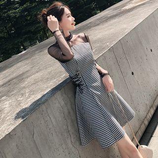 Long-sleeve Mesh Panel Gingham Mini A-line Dress