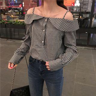 Gingham Off-shoulder Strap Blouse