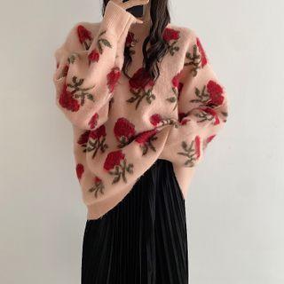 Flower Print Sweater / Midi Accordion Pleat Skirt