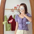 Puff-sleeve Frill Trim Knit Top