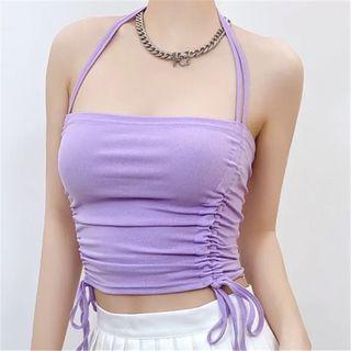 Halter Square-neck Ruched Plain Crop Tank Top