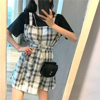 Mock-two Plaid Short-sleeve Dress Black & White - One Size