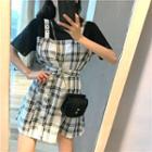 Mock-two Plaid Short-sleeve Dress Black & White - One Size