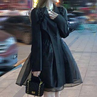 Lace-up Mesh Spaghetti Strap Dress / Bow Cropped Blazer