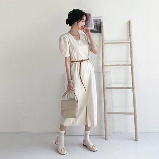 Puff-sleeve Slit-front Dress