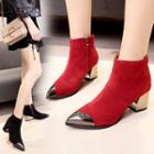 Faux Leather Pointed Cap Toe Block Heel Ankle Boots