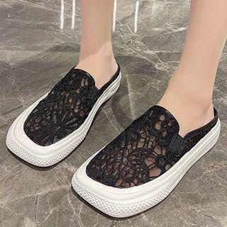 Square-toe Lace Flat Mules