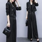 Set: Striped Double-breasted Cropped Blazer + Wide Leg Dress Pants