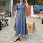 Bell-sleeve V-neck Floral Dress Blue - One Size
