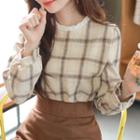 Frill-neck Bishop-sleeve Plaid Blouse