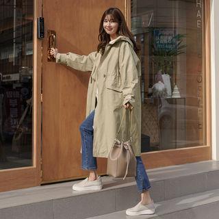 Hooded Drawcord-waist Zip-up Safari Coat
