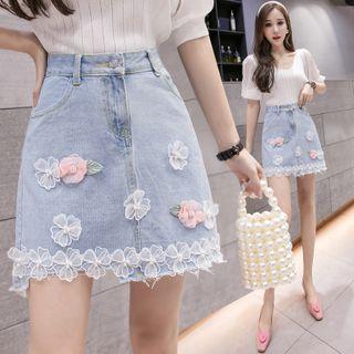 Flower Applique Denim Mini A-line Skirt