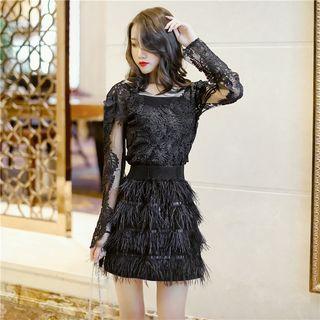 Set: Long-sleeve Lace Mesh Panel Top + Mini Fringed A-line Skirt