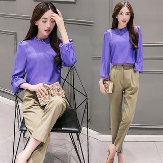 Set: Long-sleeve Ruffle Trim Top + Straight Fit Pants