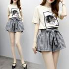 Set: Short-sleeve Graphic T-shirt + Striped Wide-leg Shorts