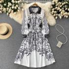 Polo Collar Color Block Print Long-sleeve Dress