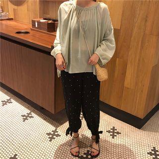 Plain Collarless Blouse / Dotted Baggy Pants