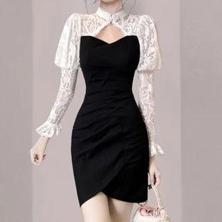 Long-sleeve Two-tone Lace Panel Mini Sheath Dress