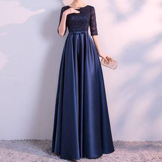 Elbow-sleeve Paneled A-line Evening Gown