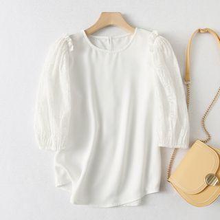 Puff-sleeve Panel Plain Blouse