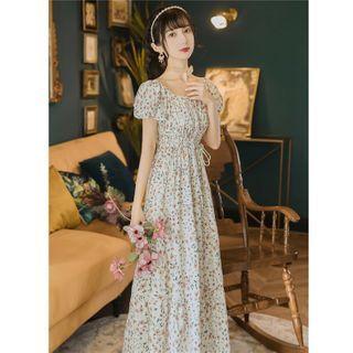 Floral Puff-sleeve Maxi A-line Dress