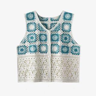 Two-tone Single-breasted Crochet Vest Almond & Aqua Green - One Size