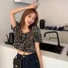 Short-sleeve Leopard Print Cropped Blouse Black - One Size