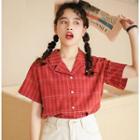 Plaid Short-sleeve Blouse Red - One Size