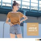 Short Sleeve Plain Knotted Hem Cropped T-shirt