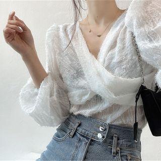 Puff-sleeve Fringed Blouse White - One Size