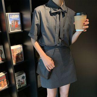 Set: Bow-accent Short-sleeve Shirt + Skirt