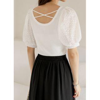 Lace Puff-sleeve Strappy Knit Top