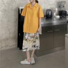 Pocket Detail Elbow-sleeve Shirt / Printed Midi Straight-fit Skirt