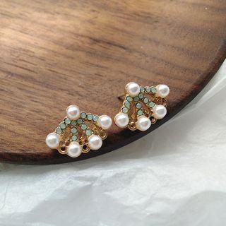 Fan Faux Pearl Rhinestone Earring
