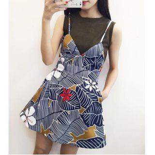 Set: Plain Tank Top + Printed Strappy Dress