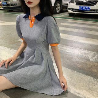 Short-sleeve Color Block Polo Mini Dress Gray - One Size